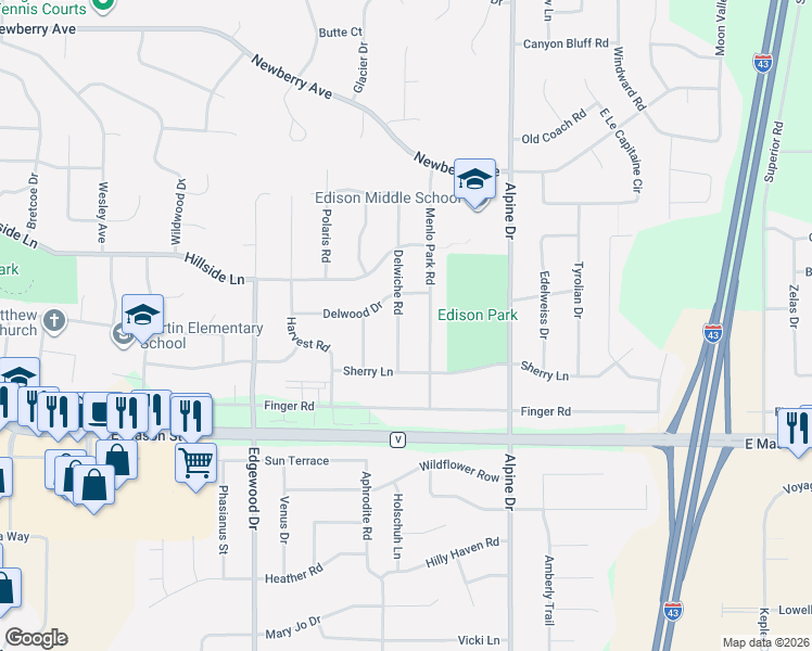 map of restaurants, bars, coffee shops, grocery stores, and more near 600 Delwiche Road in Green Bay