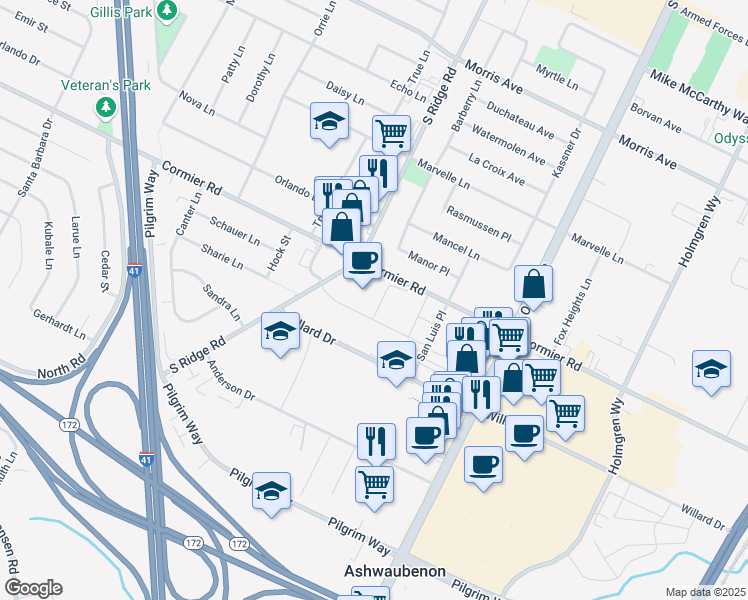 map of restaurants, bars, coffee shops, grocery stores, and more near 1001 Cormier Road in Green Bay