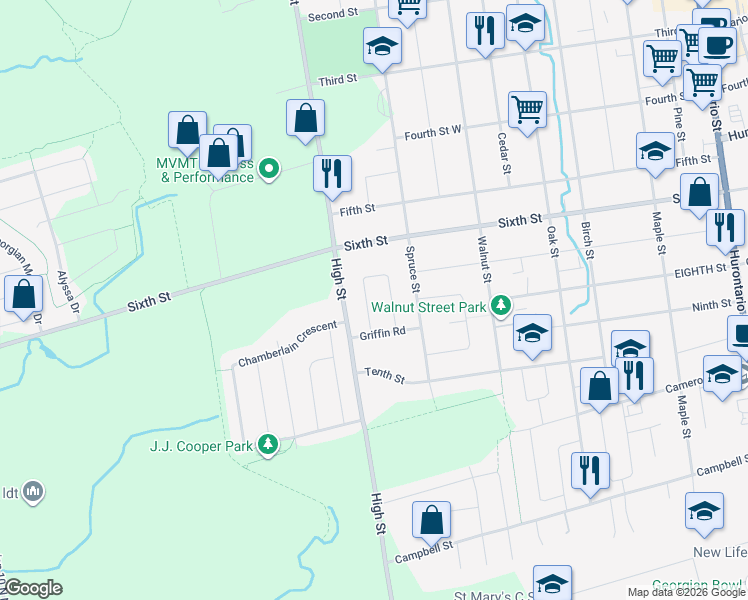 map of restaurants, bars, coffee shops, grocery stores, and more near 45 Courtice Crescent in Collingwood