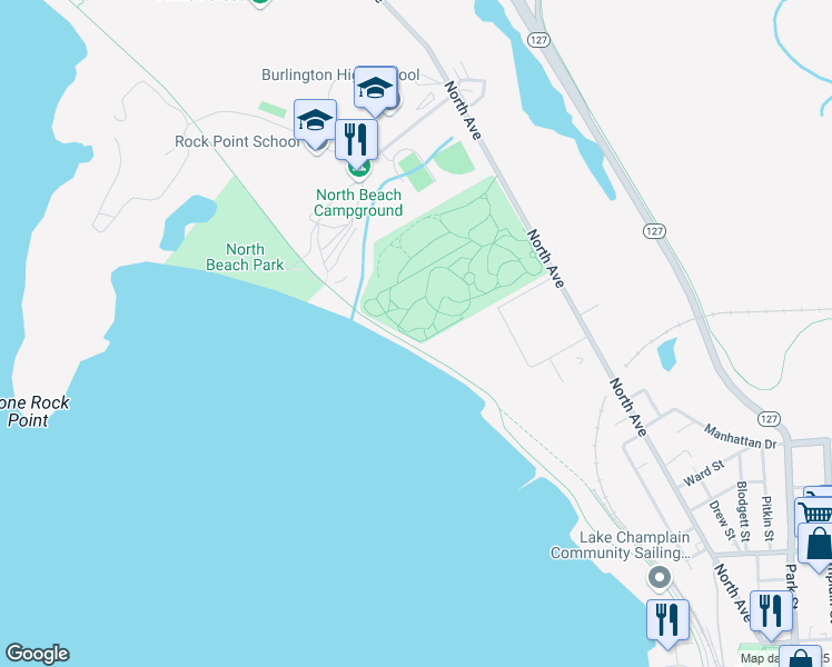 map of restaurants, bars, coffee shops, grocery stores, and more near 455 North Avenue in Burlington