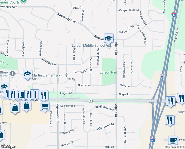 map of restaurants, bars, coffee shops, grocery stores, and more near 600 Delwiche Road in Green Bay