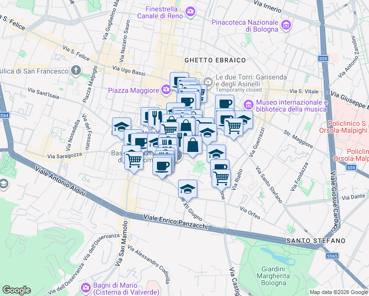 map of restaurants, bars, coffee shops, grocery stores, and more near 3 Piazza San Domenico in Bologna