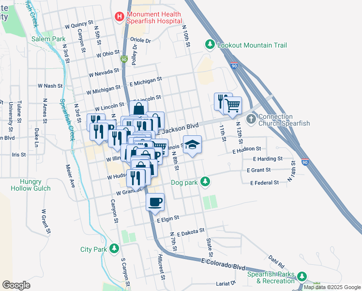 map of restaurants, bars, coffee shops, grocery stores, and more near 344 East Illinois Street in Spearfish