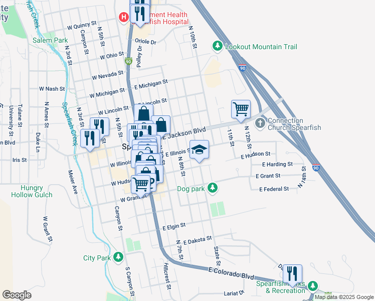 map of restaurants, bars, coffee shops, grocery stores, and more near 344 East Illinois Street in Spearfish