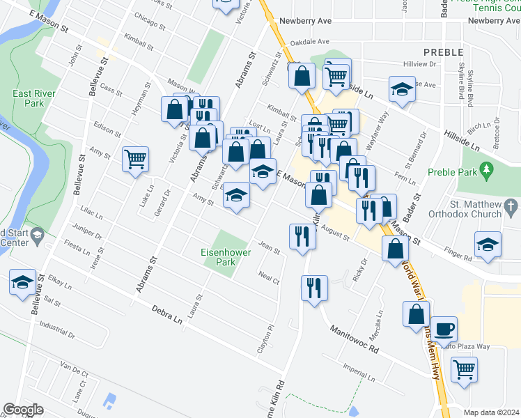 map of restaurants, bars, coffee shops, grocery stores, and more near 1790 Edison Street in Green Bay