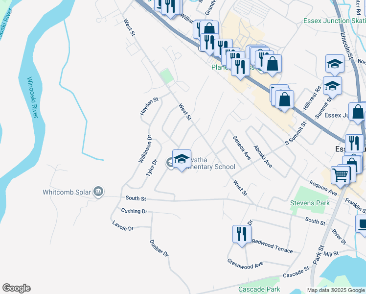 map of restaurants, bars, coffee shops, grocery stores, and more near 76 West Street in Essex