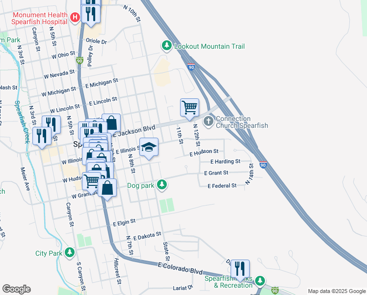 map of restaurants, bars, coffee shops, grocery stores, and more near 603 East Hudson Street in Spearfish