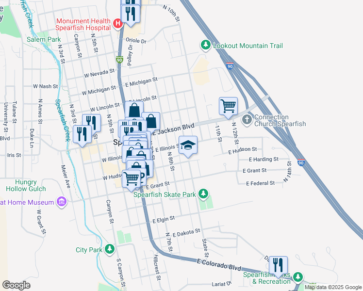 map of restaurants, bars, coffee shops, grocery stores, and more near 600-698 N 8th St in Spearfish