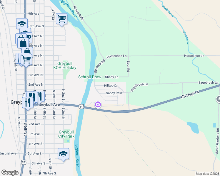 map of restaurants, bars, coffee shops, grocery stores, and more near 225 Hilltop Dr in Greybull