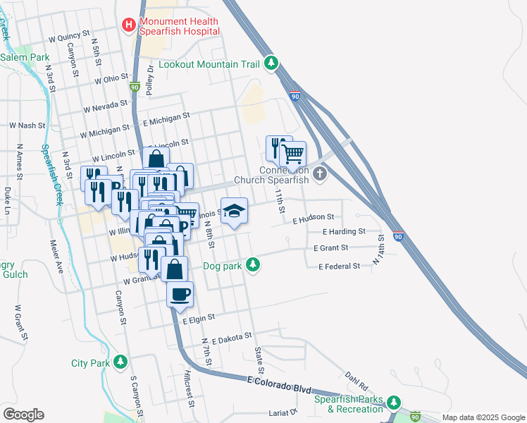 map of restaurants, bars, coffee shops, grocery stores, and more near 525 East Illinois Street in Spearfish