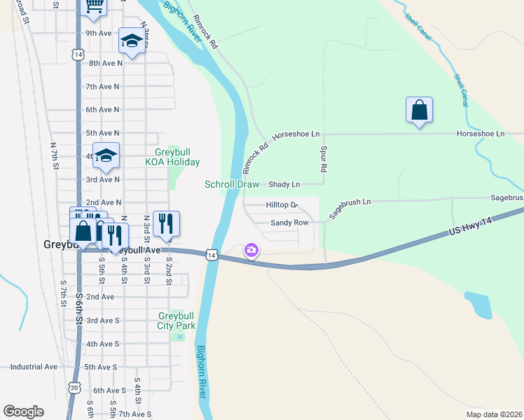 map of restaurants, bars, coffee shops, grocery stores, and more near 225 Hilltop Dr in Greybull