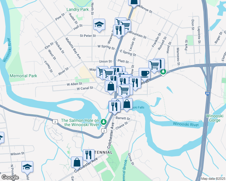 map of restaurants, bars, coffee shops, grocery stores, and more near 8 West Canal Street in Winooski