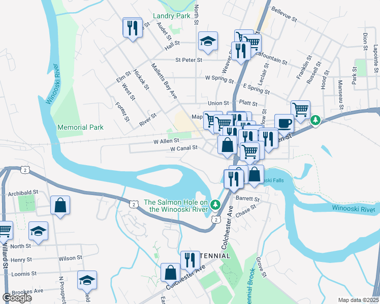 map of restaurants, bars, coffee shops, grocery stores, and more near 114 West Canal Street in Winooski