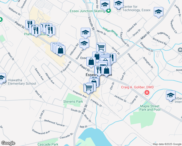 map of restaurants, bars, coffee shops, grocery stores, and more near 4 Park Terrace in Essex