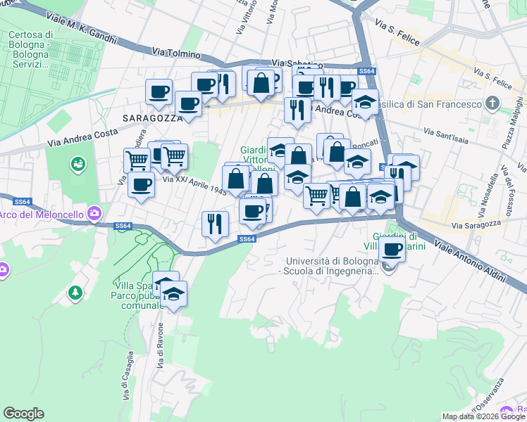 map of restaurants, bars, coffee shops, grocery stores, and more near 139 Via Filippo Turati in Bologna