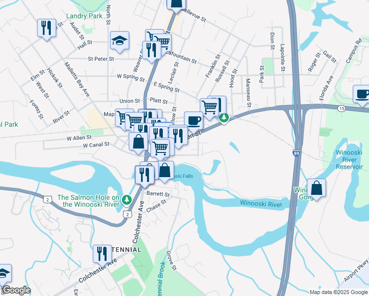map of restaurants, bars, coffee shops, grocery stores, and more near 60 Winooski Falls Way in Winooski