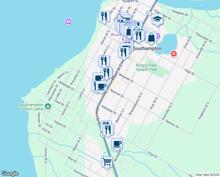 map of restaurants, bars, coffee shops, grocery stores, and more near 164a Ontario 21 in Southampton