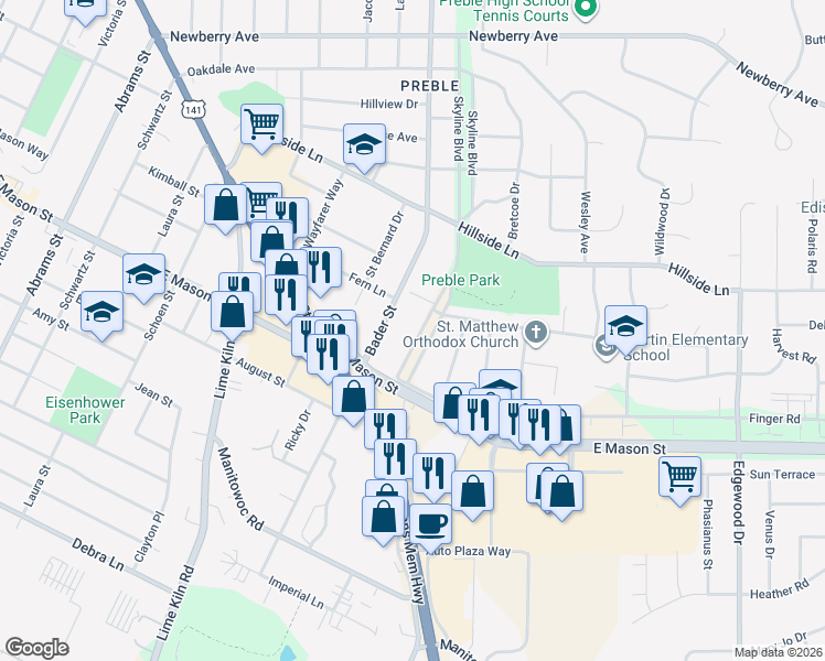 map of restaurants, bars, coffee shops, grocery stores, and more near 609 Skyline Boulevard in Green Bay