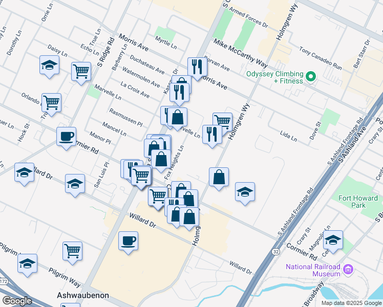 map of restaurants, bars, coffee shops, grocery stores, and more near 790 Bayland Court in Green Bay