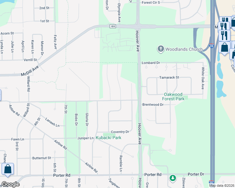 map of restaurants, bars, coffee shops, grocery stores, and more near 2131 Elm Street in Plover