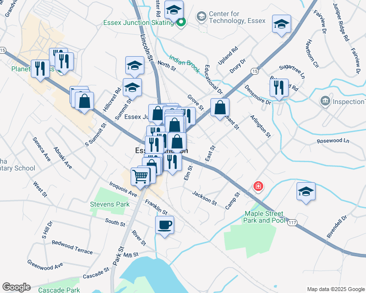 map of restaurants, bars, coffee shops, grocery stores, and more near 14A Railroad Street in Essex