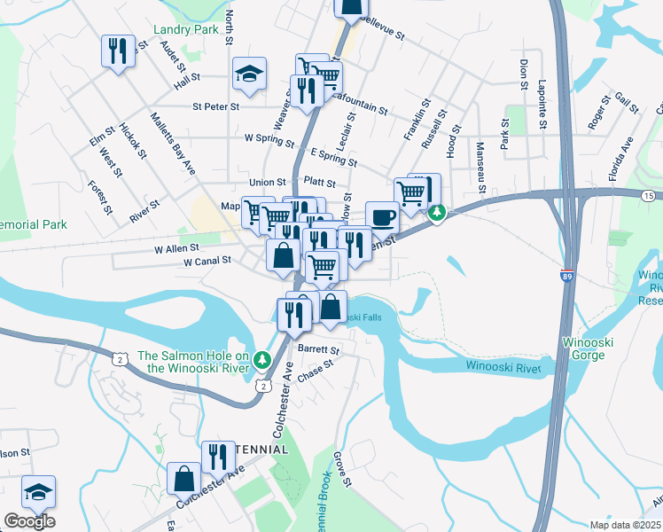map of restaurants, bars, coffee shops, grocery stores, and more near 25 Winooski Falls Way in Winooski