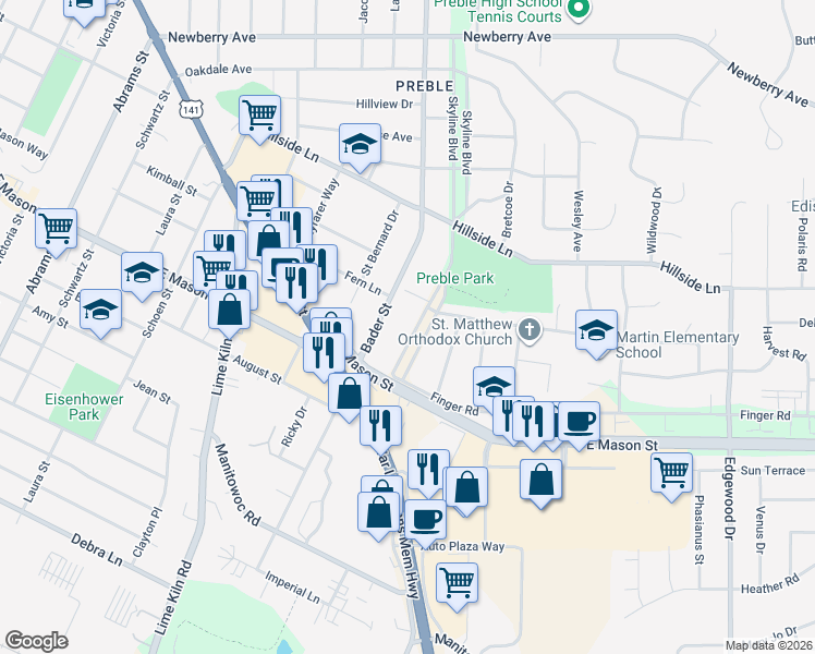 map of restaurants, bars, coffee shops, grocery stores, and more near 609 Skyline Boulevard in Green Bay