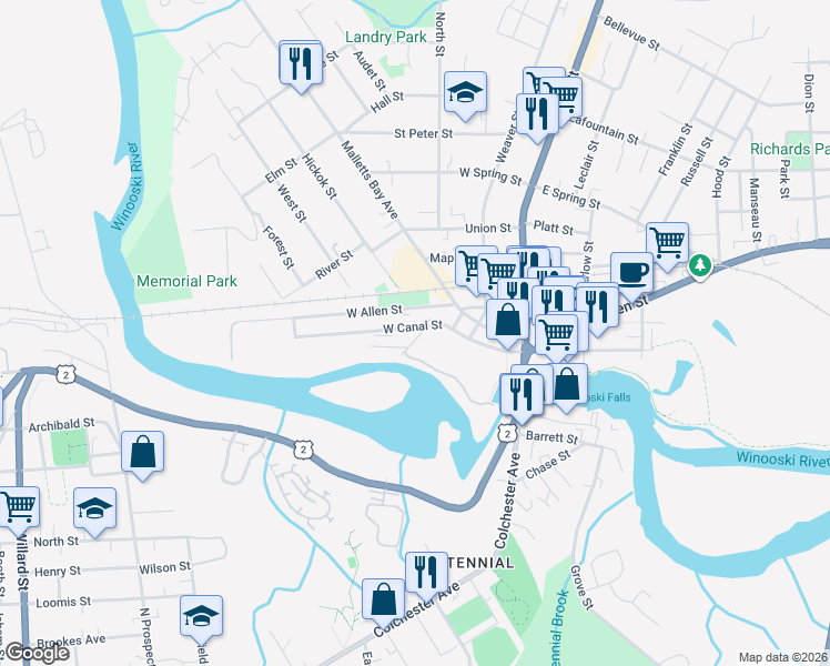 map of restaurants, bars, coffee shops, grocery stores, and more near 120 West Canal Street in Winooski