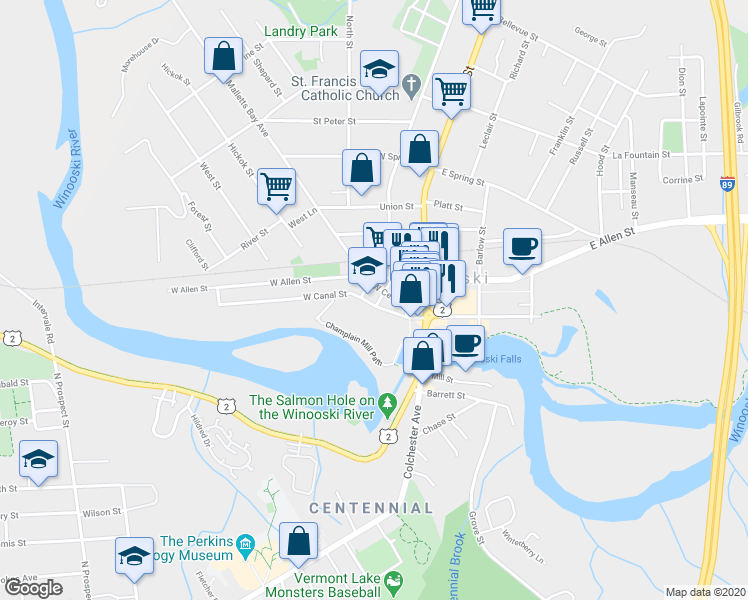 map of restaurants, bars, coffee shops, grocery stores, and more near 20 West Canal Street in Winooski