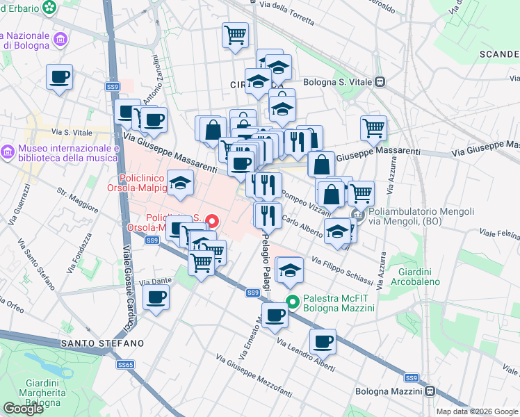 map of restaurants, bars, coffee shops, grocery stores, and more near 8 Via Carlo Alberto Pizzardi in Bologna