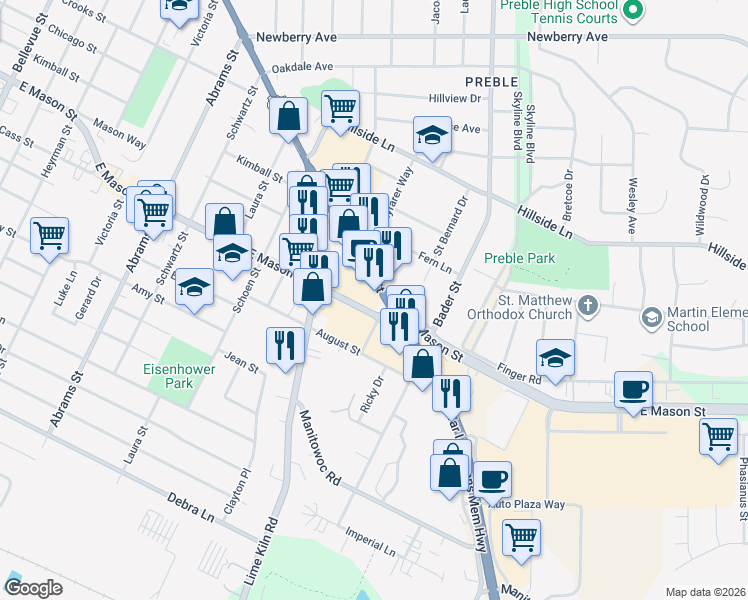 map of restaurants, bars, coffee shops, grocery stores, and more near 1957 Main St in Green Bay