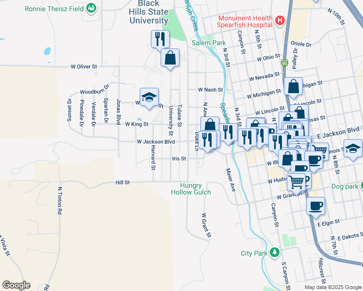 map of restaurants, bars, coffee shops, grocery stores, and more near 801-899 St Joe St in Spearfish