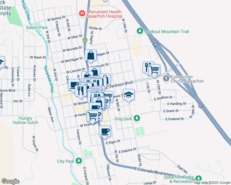 map of restaurants, bars, coffee shops, grocery stores, and more near 735 North 8th Street in Spearfish