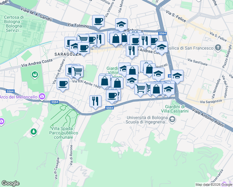 map of restaurants, bars, coffee shops, grocery stores, and more near 25-31 Via Giacomo Antonio Perti in Bologna