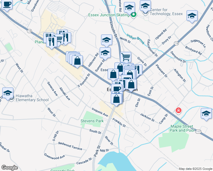 map of restaurants, bars, coffee shops, grocery stores, and more near 19 Pearl Street in Essex