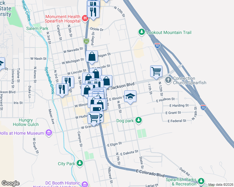 map of restaurants, bars, coffee shops, grocery stores, and more near 740 N 8th St in Spearfish