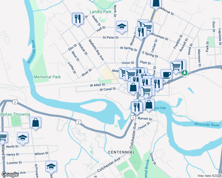 map of restaurants, bars, coffee shops, grocery stores, and more near 114 West Canal Street in Winooski