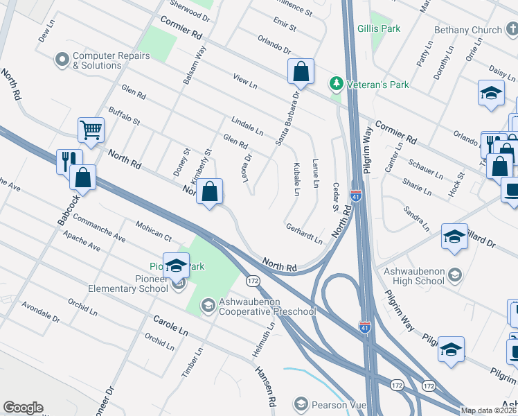 map of restaurants, bars, coffee shops, grocery stores, and more near 2437 Santa Barbara Drive in Green Bay