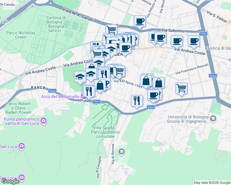 map of restaurants, bars, coffee shops, grocery stores, and more near 20 Via Mario Bastia in Bologna