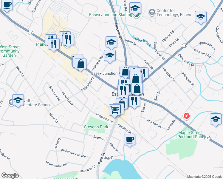 map of restaurants, bars, coffee shops, grocery stores, and more near 19 Pearl Street in Essex