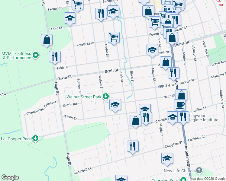 map of restaurants, bars, coffee shops, grocery stores, and more near 173 EIGHTH Street in Collingwood
