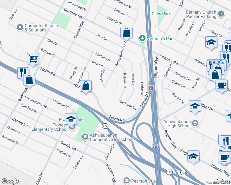 map of restaurants, bars, coffee shops, grocery stores, and more near 2421 Ingold Court in Green Bay
