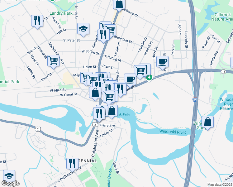 map of restaurants, bars, coffee shops, grocery stores, and more near 2 Cascade Way in Winooski