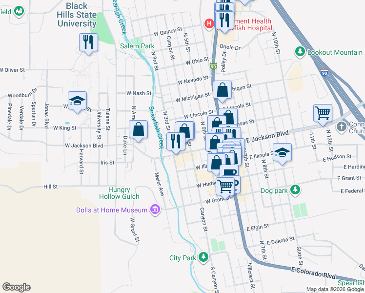 map of restaurants, bars, coffee shops, grocery stores, and more near 821 North Canyon Street in Spearfish
