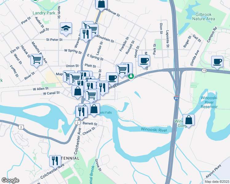 map of restaurants, bars, coffee shops, grocery stores, and more near 112 East Allen Street in Winooski
