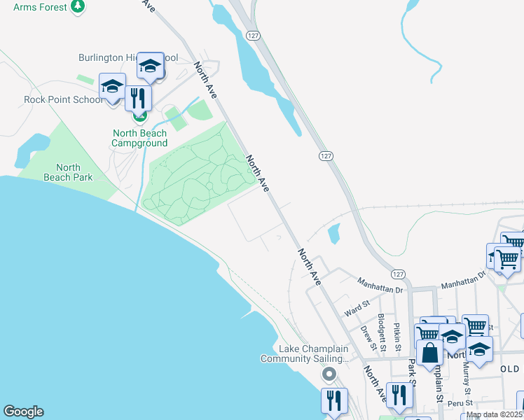map of restaurants, bars, coffee shops, grocery stores, and more near 375 North Avenue in Burlington