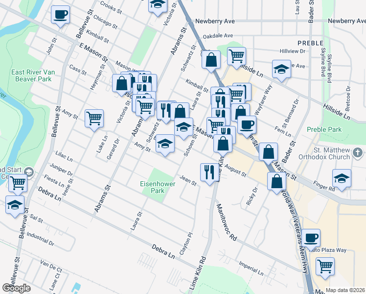 map of restaurants, bars, coffee shops, grocery stores, and more near 726 Schoen Street in Green Bay
