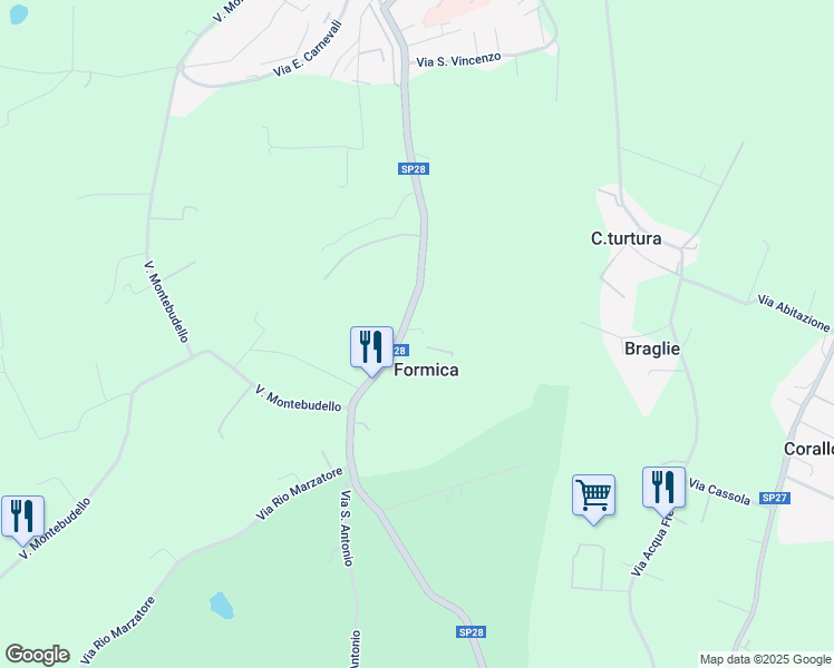 map of restaurants, bars, coffee shops, grocery stores, and more near Strada Provinciale 28 in Bologna