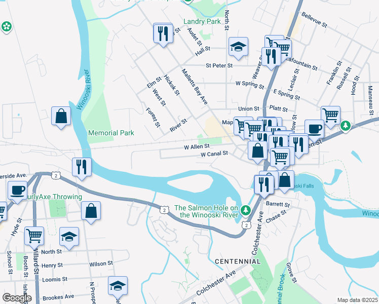 map of restaurants, bars, coffee shops, grocery stores, and more near 143A West Allen Street in Winooski