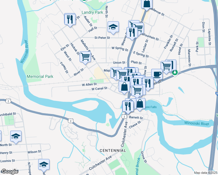 map of restaurants, bars, coffee shops, grocery stores, and more near 26 Mayo Street in Winooski